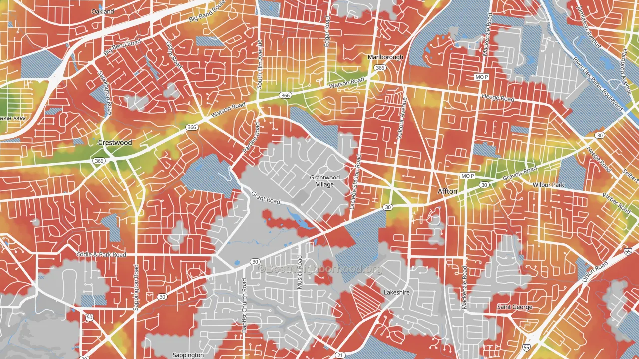 Walk Grade map of Grantwood Village, MO, walkable areas in green and car-dependent areas in red