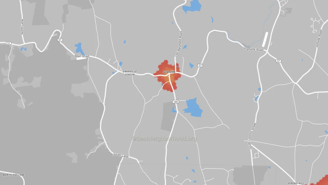 Walk Grade map of Granville Center, MA, walkable areas in green and car-dependent areas in red
