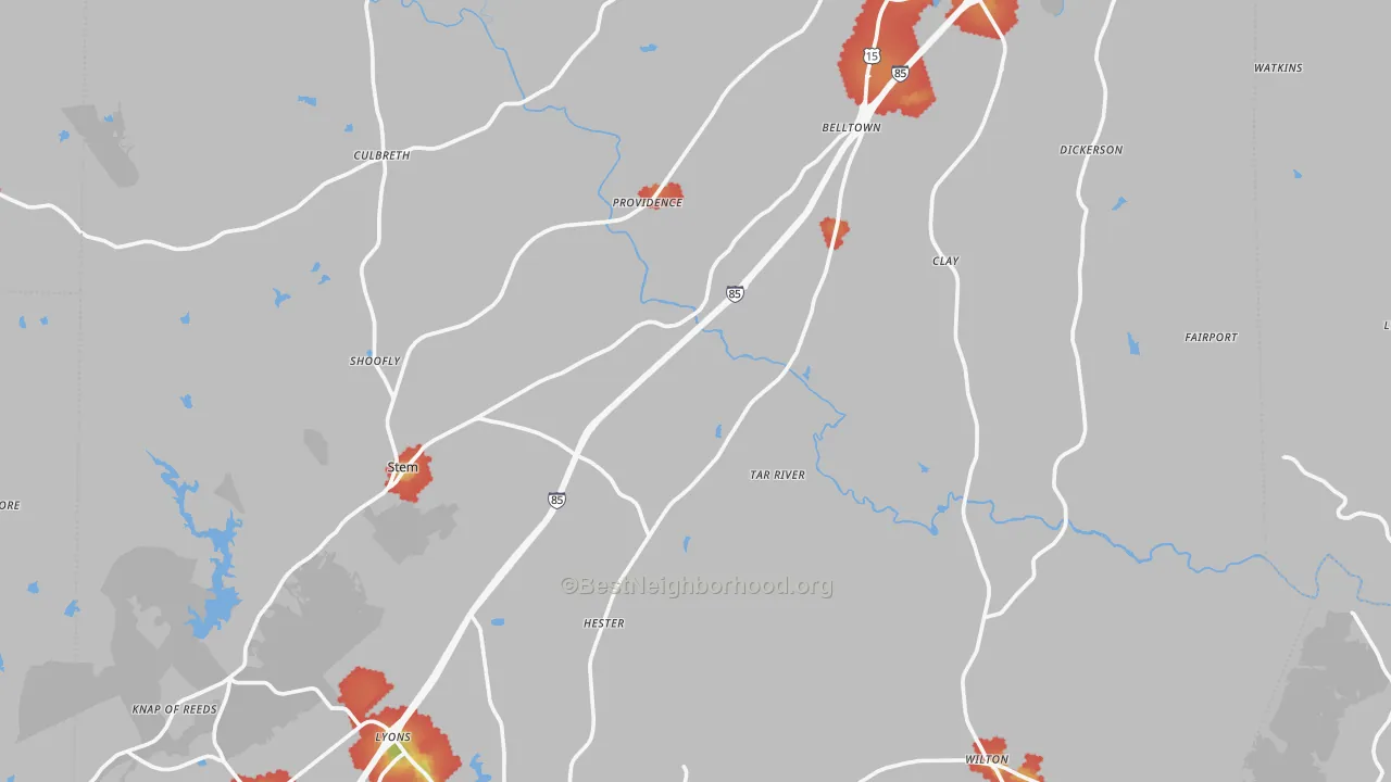 Walk Grade map of Granville County, NC, walkable areas in green and car-dependent areas in red