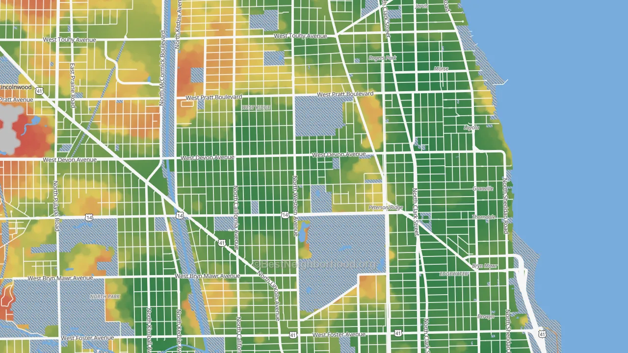 Walk Grade map of Granville Gardens, Chicago, IL, walkable areas in green and car-dependent areas in red