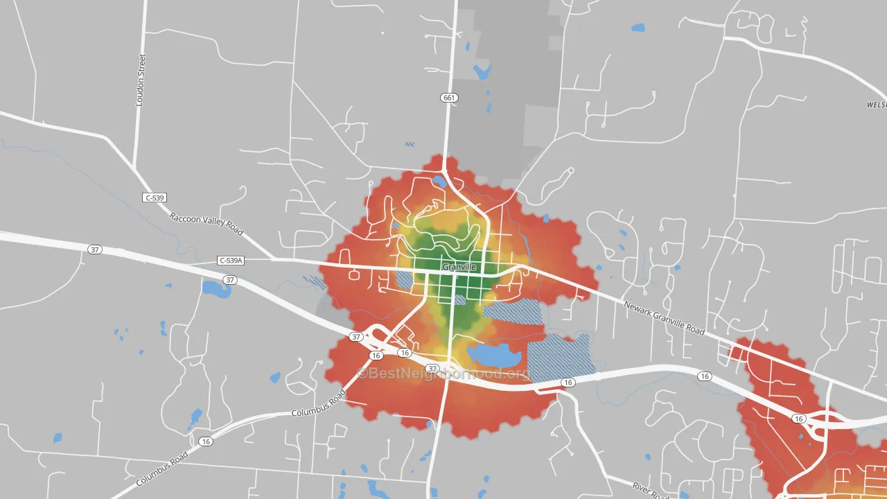 Walk Grade map of Granville Historic District, Granville, OH, walkable areas in green and car-dependent areas in red