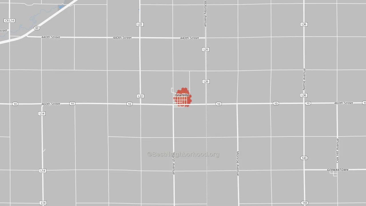 Walk Grade map of Granville, IA, walkable areas in green and car-dependent areas in red