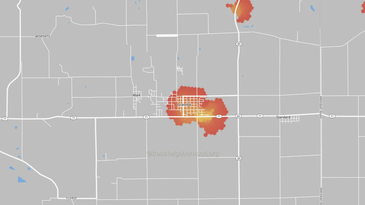 Walk Grade map of Granville, IL, walkable areas in green and car-dependent areas in red