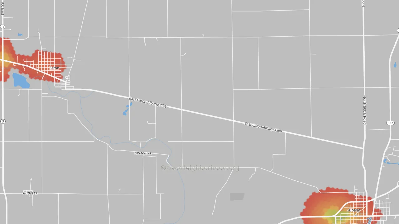 Walk Grade map of Granville, IN, walkable areas in green and car-dependent areas in red