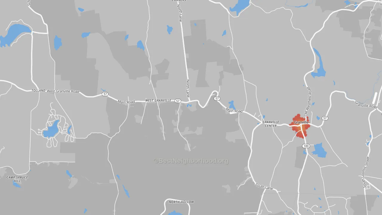 Walk Grade map of Granville, MA, walkable areas in green and car-dependent areas in red