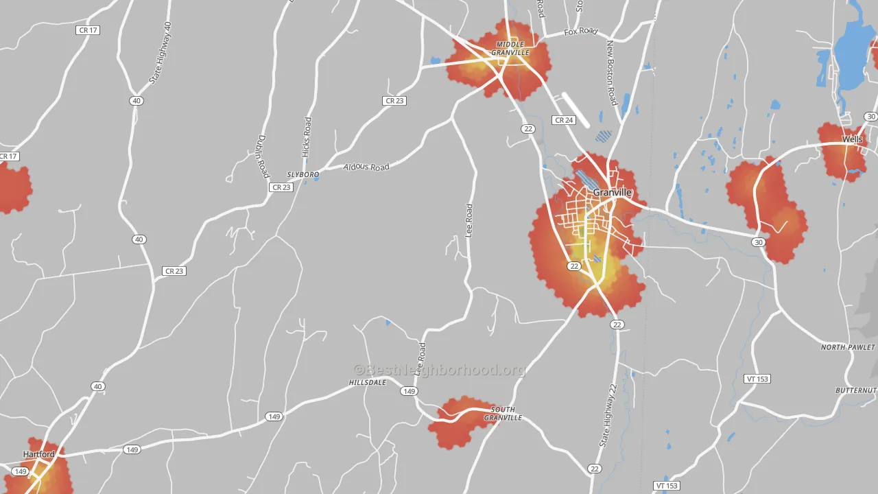 Walk Grade map of Granville, NY, walkable areas in green and car-dependent areas in red