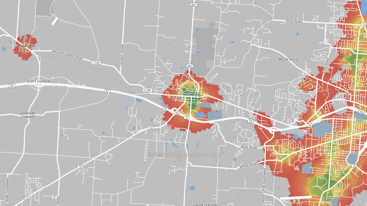 Walk Grade map of Granville, OH, walkable areas in green and car-dependent areas in red