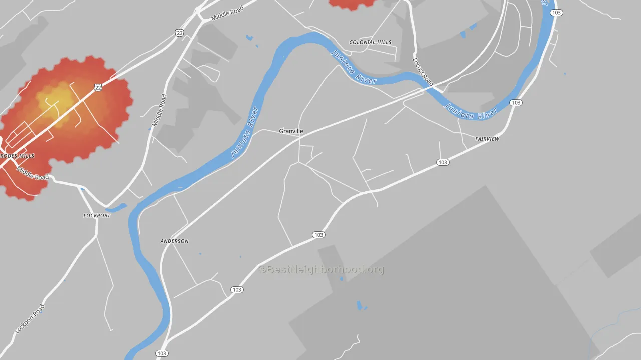 Walk Grade map of Granville, PA, walkable areas in green and car-dependent areas in red