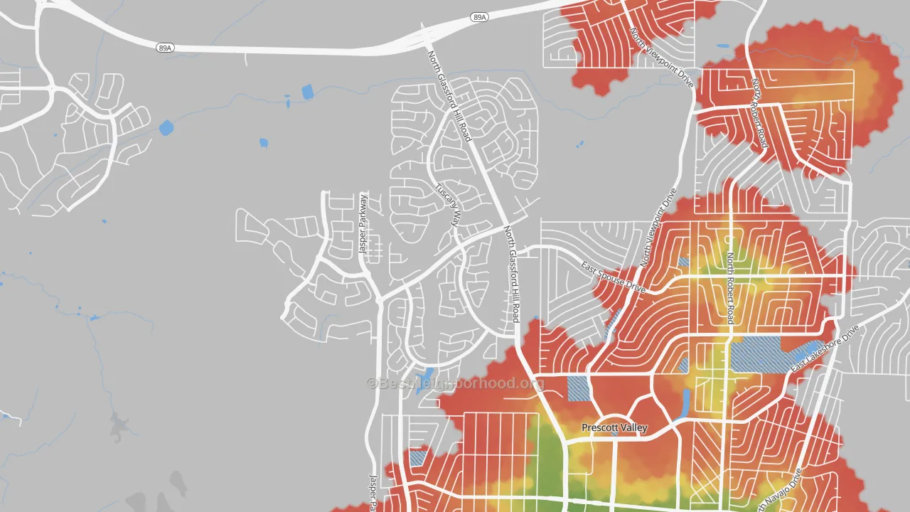 Walk Grade map of Granville, Prescott Valley, AZ, walkable areas in green and car-dependent areas in red