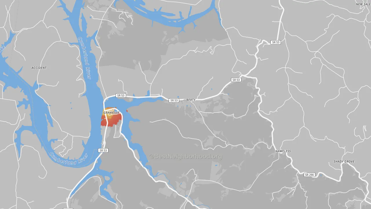 Walk Grade map of Granville, TN, walkable areas in green and car-dependent areas in red