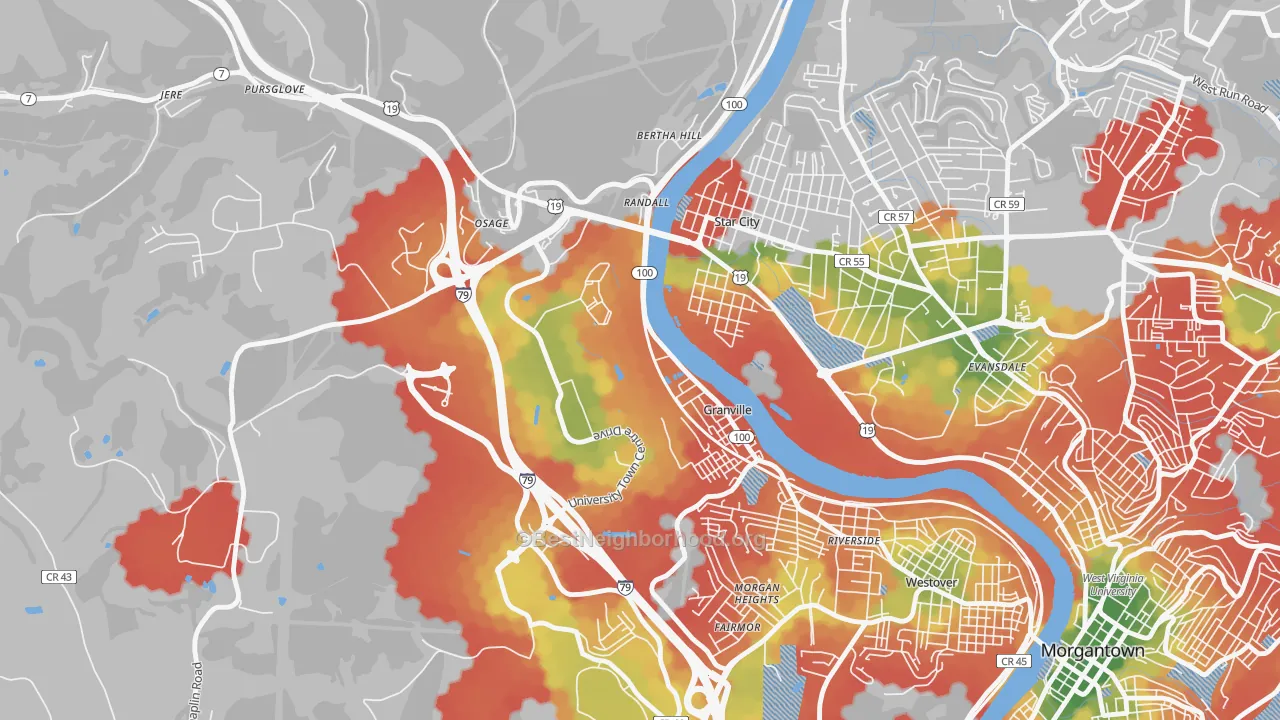 Walk Grade map of Granville, WV, walkable areas in green and car-dependent areas in red