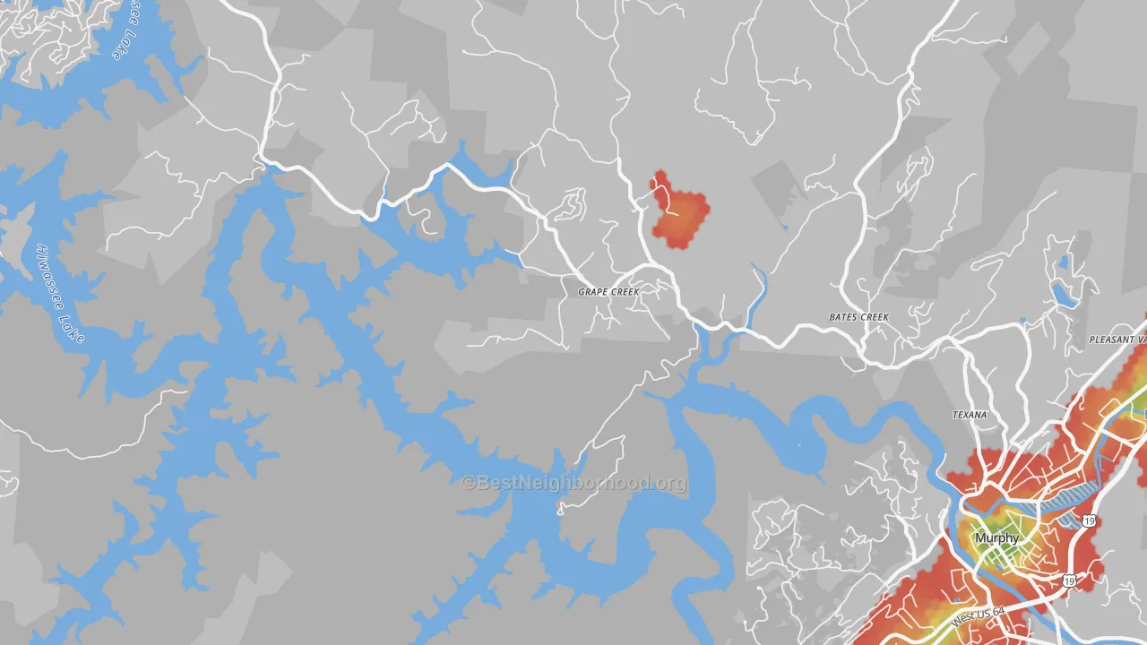 Walk Grade map of Grape Creek, NC, walkable areas in green and car-dependent areas in red