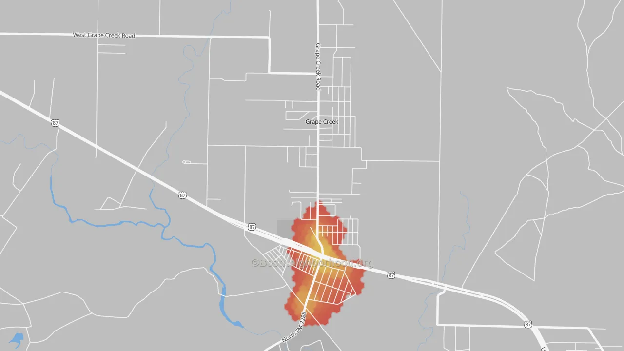 Walk Grade map of Grape Creek, TX, walkable areas in green and car-dependent areas in red
