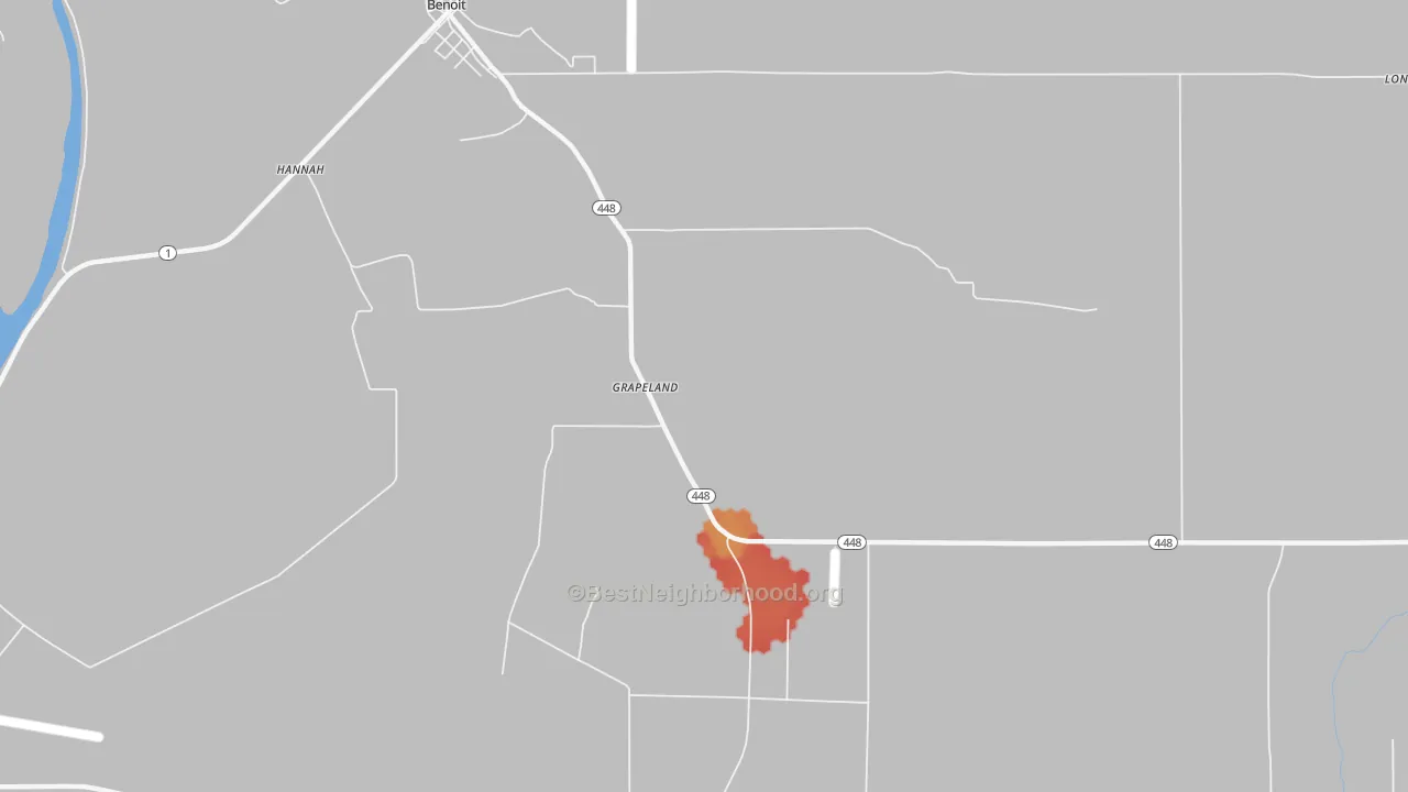 Walk Grade map of Grapeland, MS, walkable areas in green and car-dependent areas in red