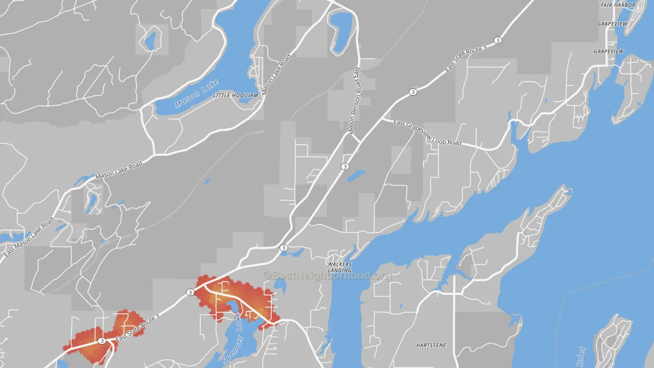 Walk Grade map of Grapeview, WA, walkable areas in green and car-dependent areas in red