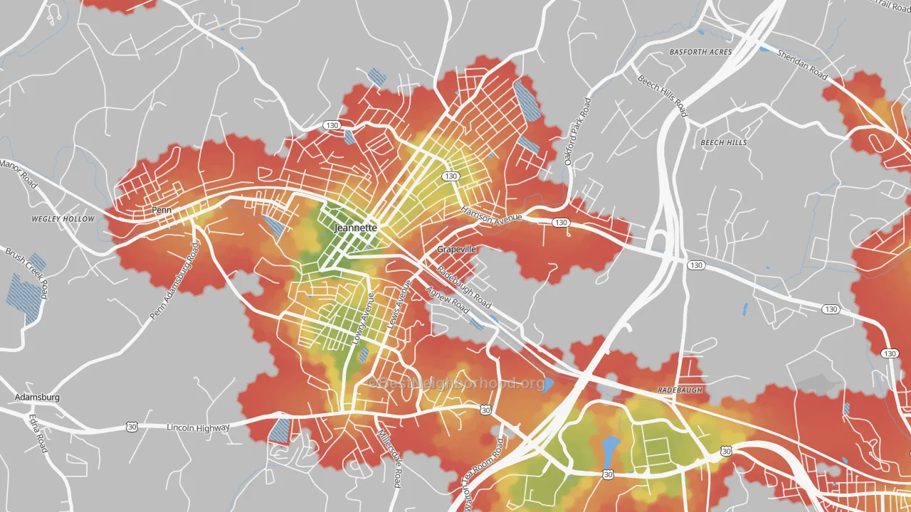 Walk Grade map of Grapeville, PA, walkable areas in green and car-dependent areas in red