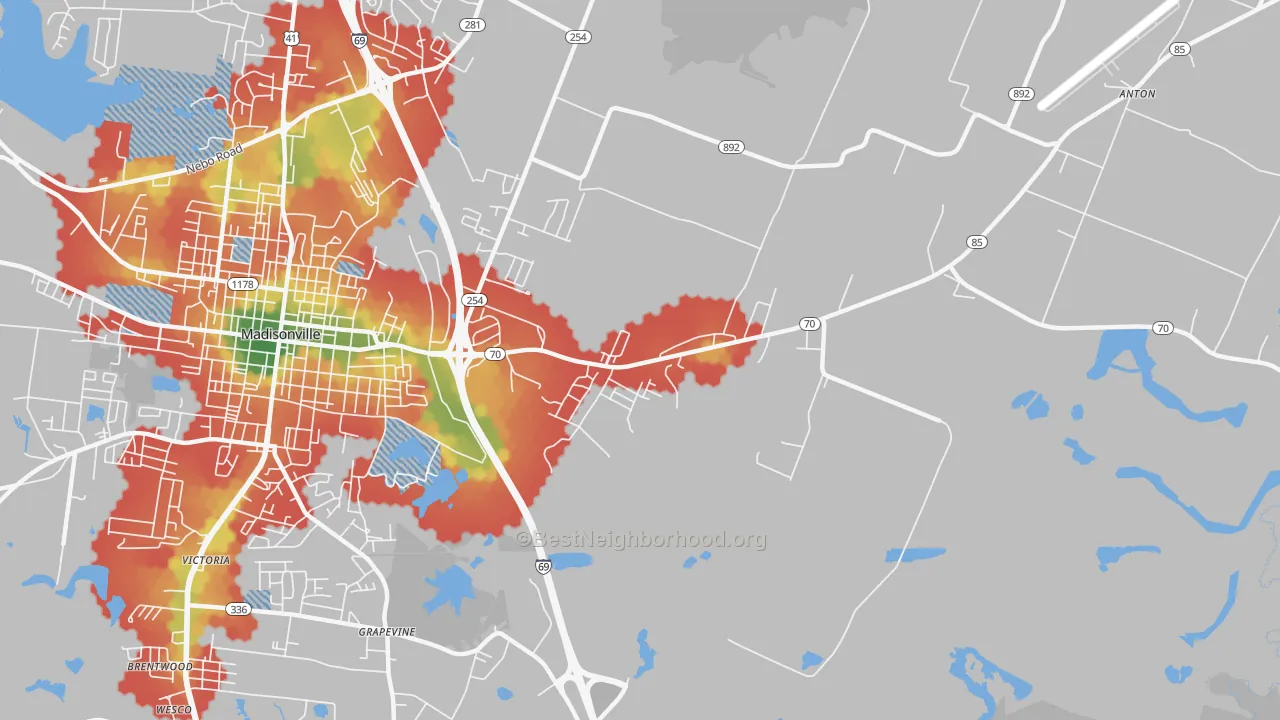 Walk Grade map of Grapevine, KY, walkable areas in green and car-dependent areas in red