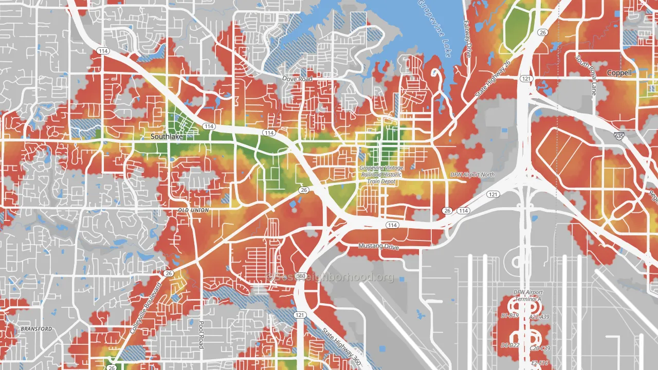 Walk Grade map of Grapevine, TX, walkable areas in green and car-dependent areas in red