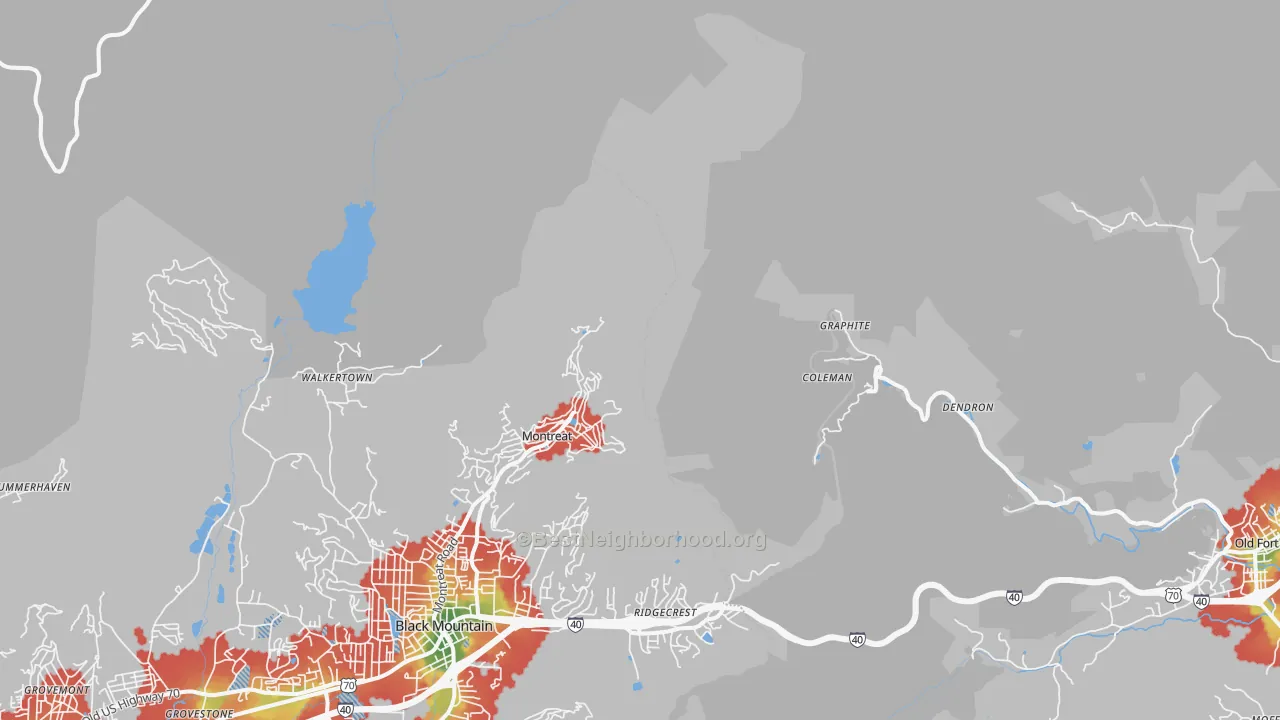 Walk Grade map of Graphite, NC, walkable areas in green and car-dependent areas in red