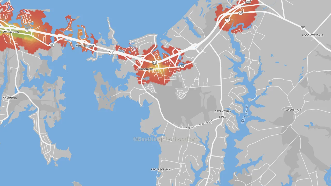 Walk Grade map of Grasonville, MD, walkable areas in green and car-dependent areas in red