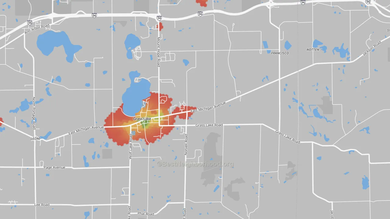 Walk Grade map of Grass Lake, MI, walkable areas in green and car-dependent areas in red