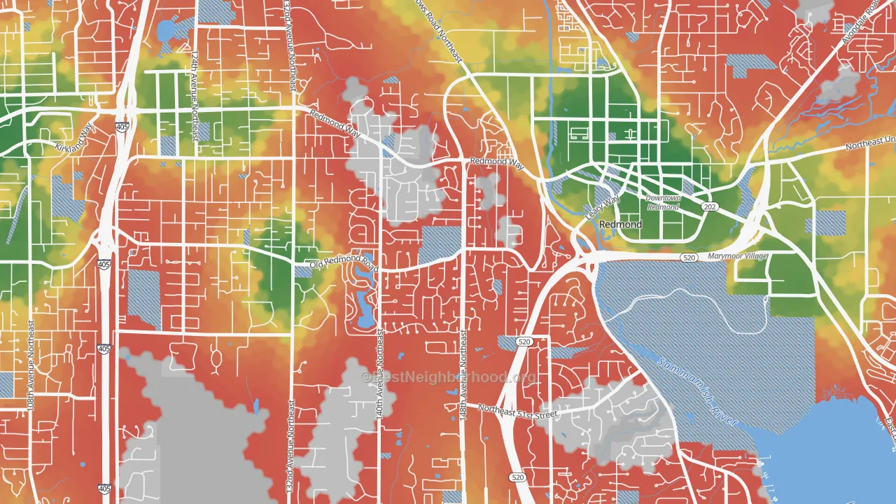 Walk Grade map of Grass Lawn, Redmond, WA, walkable areas in green and car-dependent areas in red
