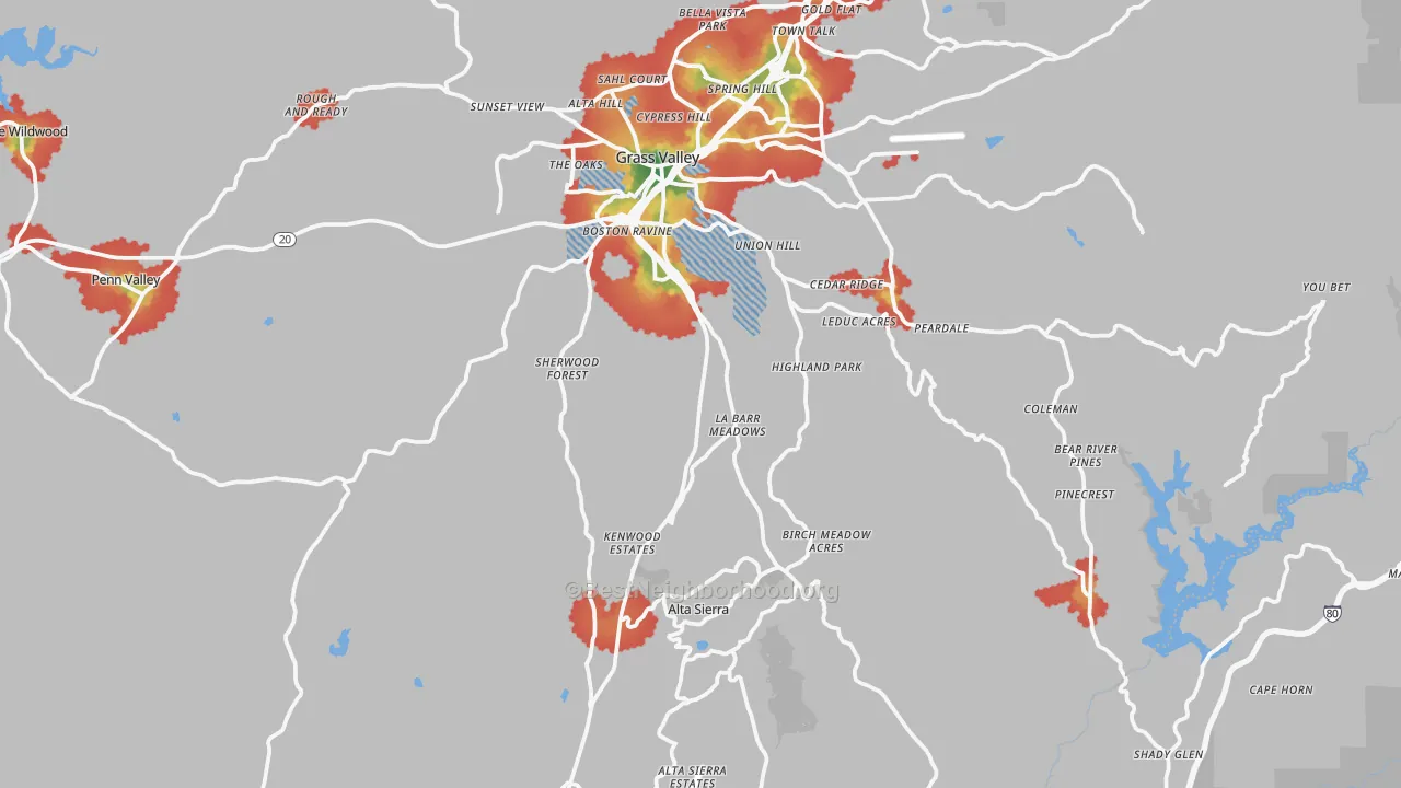 Walk Grade map of Grass Valley, CA, walkable areas in green and car-dependent areas in red