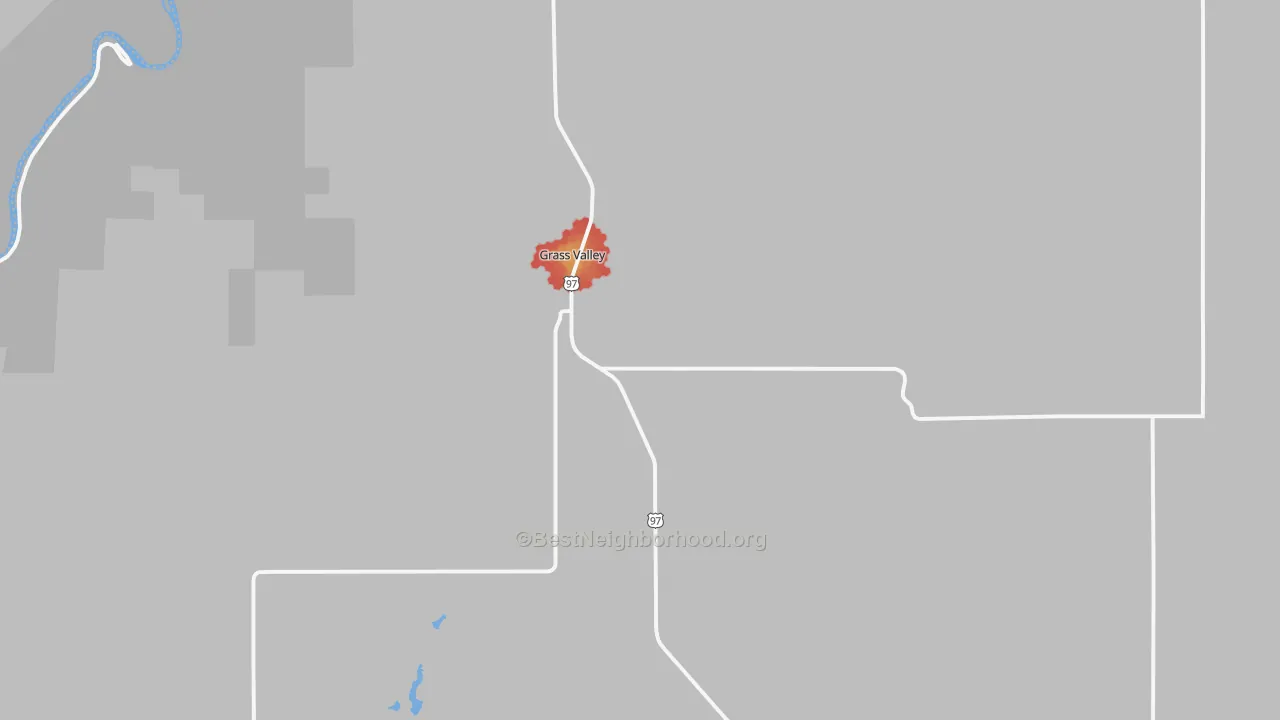Walk Grade map of Grass Valley, OR, walkable areas in green and car-dependent areas in red