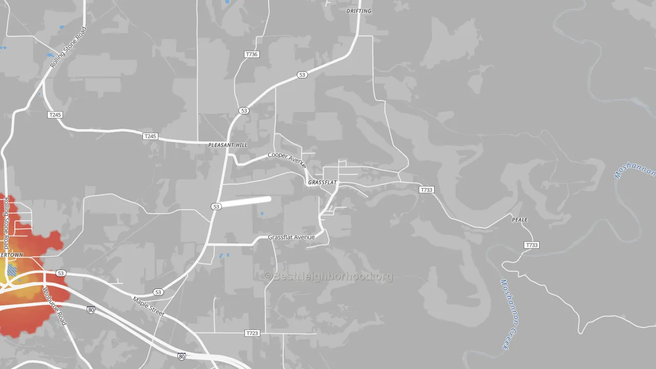 Walk Grade map of Grassflat, PA, walkable areas in green and car-dependent areas in red
