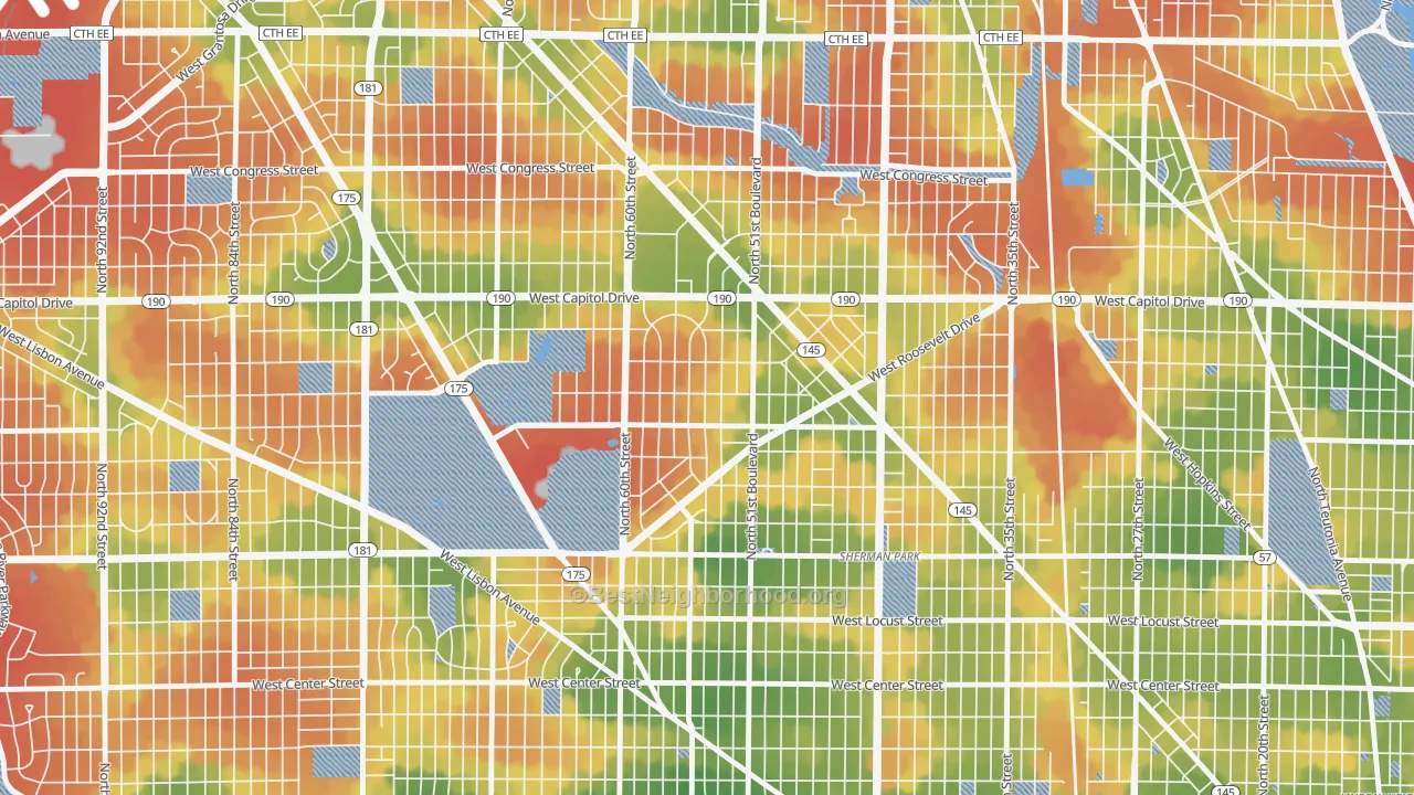 Walk Grade map of Grasslyn Manor, Milwaukee, WI, walkable areas in green and car-dependent areas in red