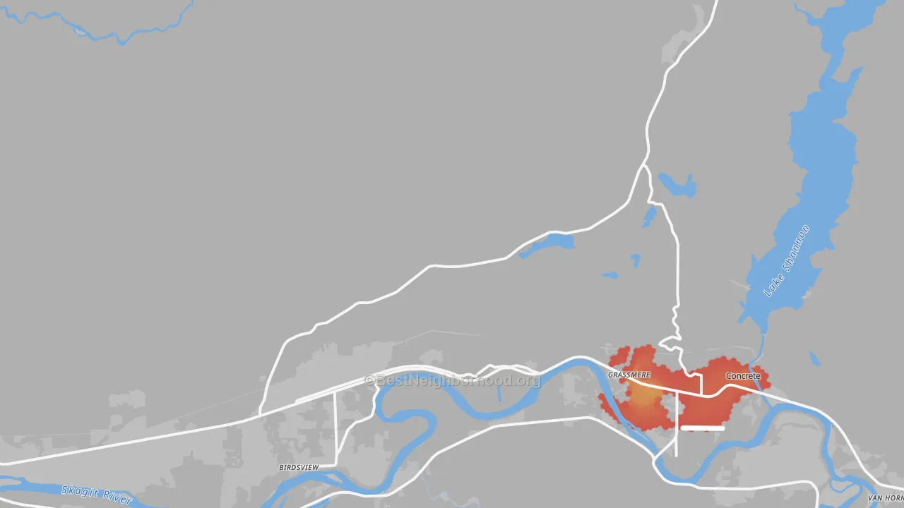 Walk Grade map of Grassmere, WA, walkable areas in green and car-dependent areas in red