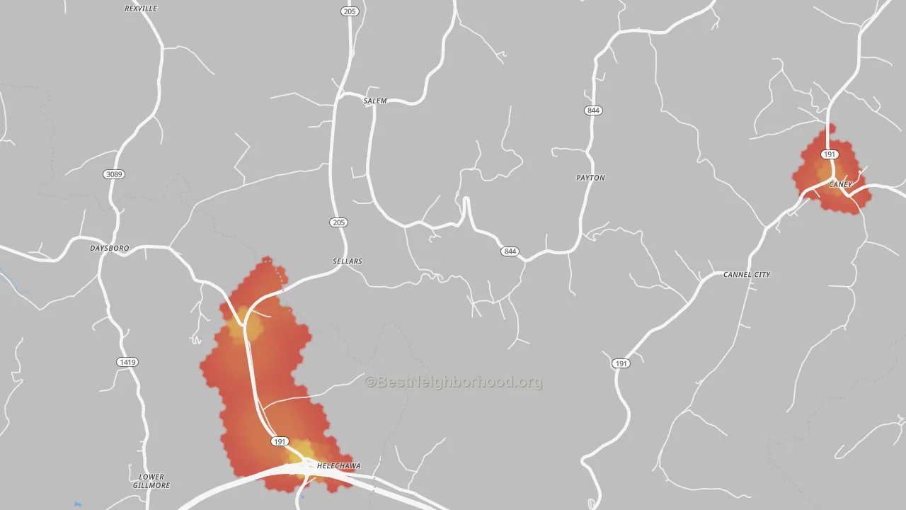 Walk Grade map of Grassy Creek, KY, walkable areas in green and car-dependent areas in red
