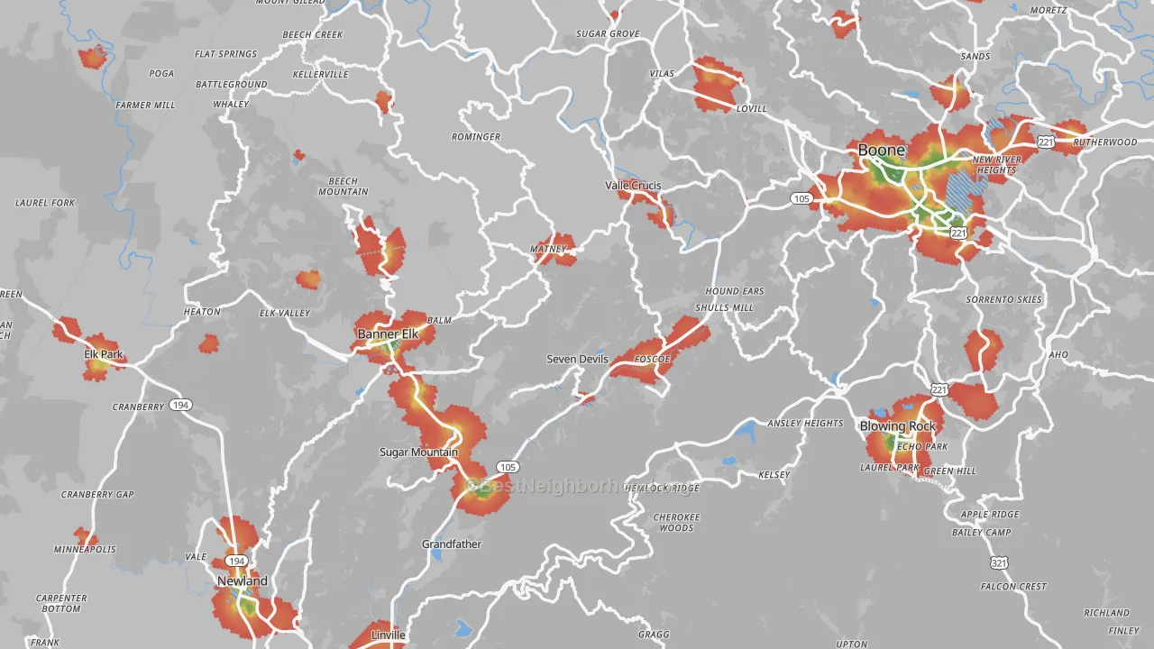 Walk Grade map of Grassy Creek, NC, walkable areas in green and car-dependent areas in red