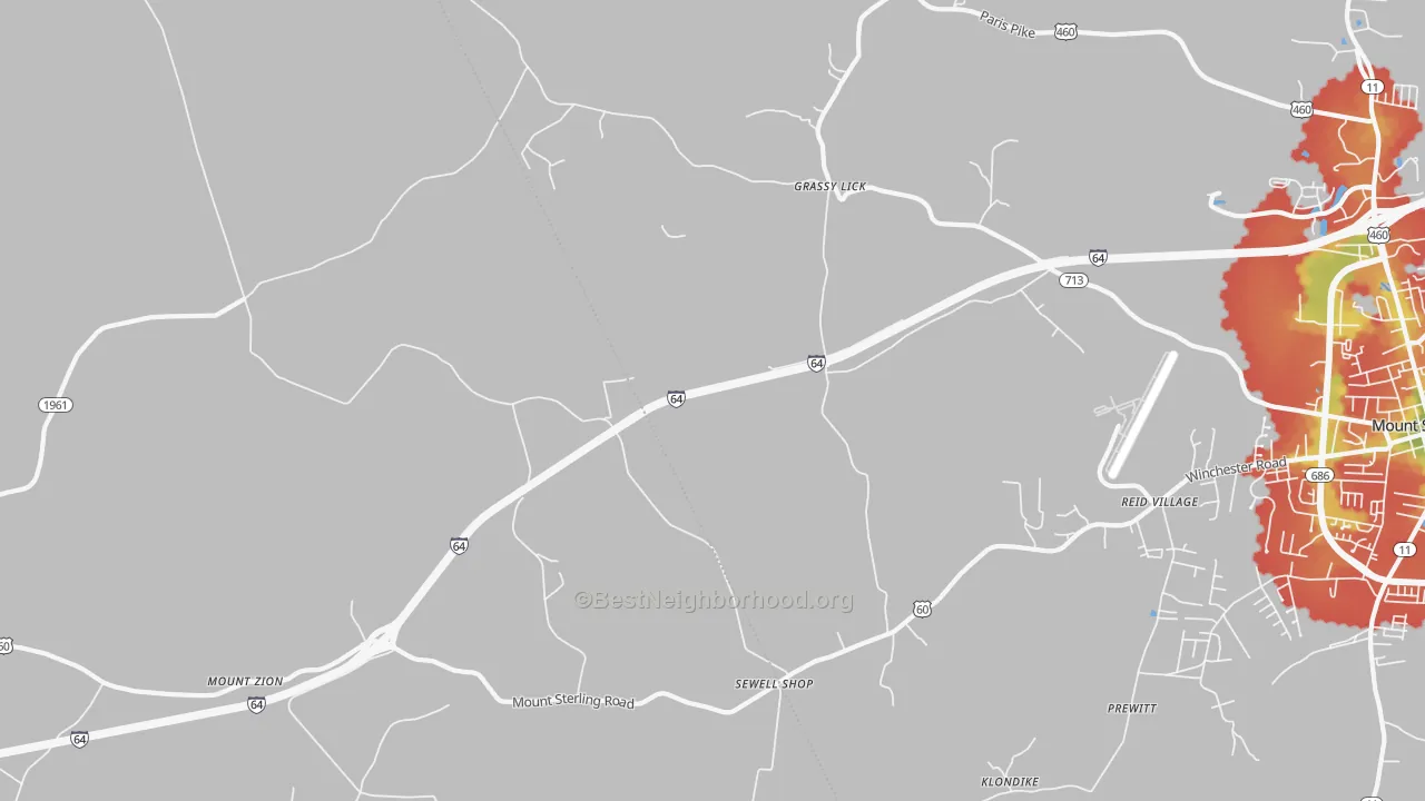 Walk Grade map of Grassy Lick, KY, walkable areas in green and car-dependent areas in red