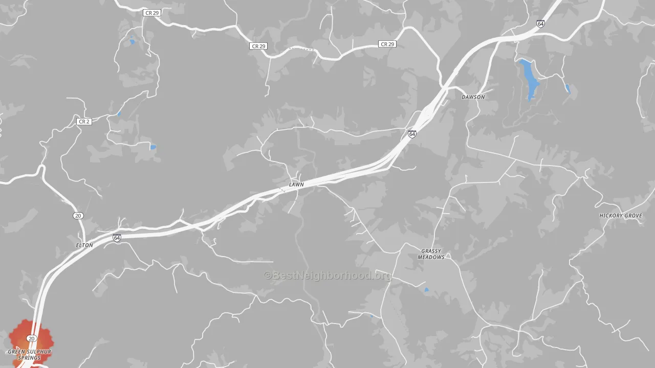 Walk Grade map of Grassy Meadows, WV, walkable areas in green and car-dependent areas in red