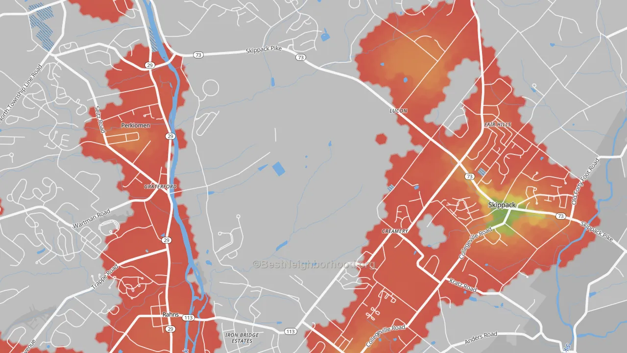 Walk Grade map of Graterford, PA, walkable areas in green and car-dependent areas in red