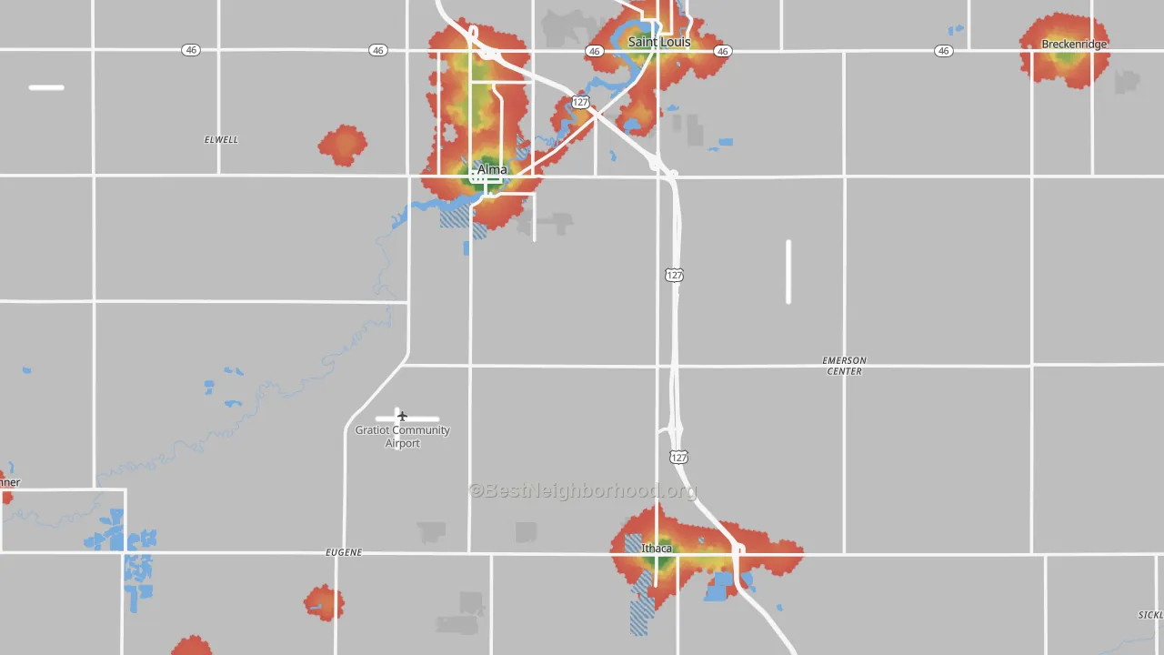 Walk Grade map of Gratiot County, MI, walkable areas in green and car-dependent areas in red