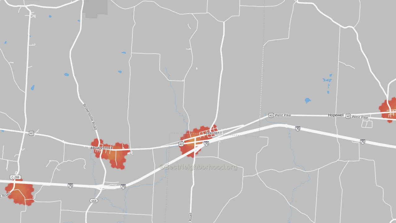 Walk Grade map of Gratiot, OH, walkable areas in green and car-dependent areas in red