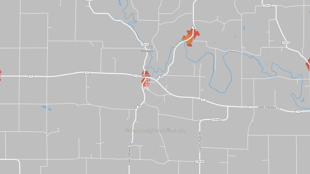Walk Grade map of Gratiot, WI, walkable areas in green and car-dependent areas in red