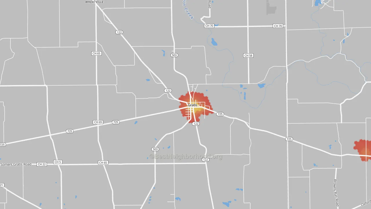 Walk Grade map of Gratis, OH, walkable areas in green and car-dependent areas in red