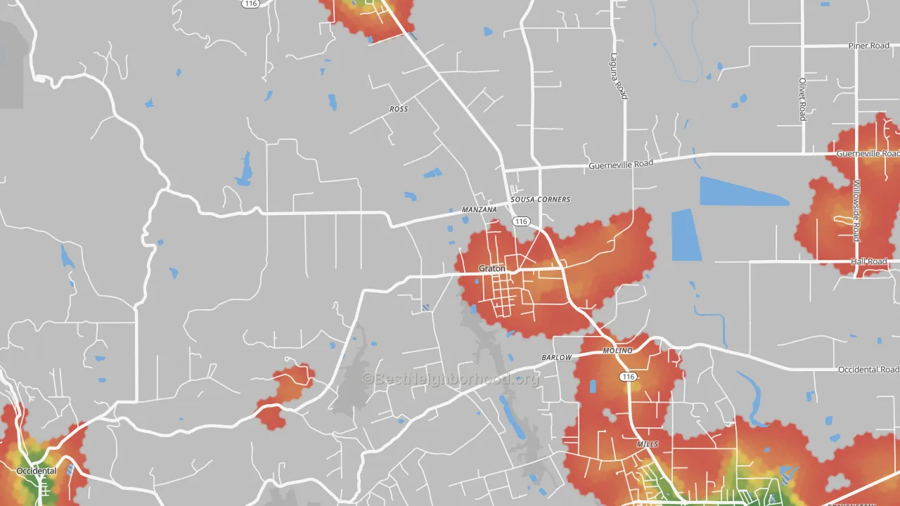 Walk Grade map of Graton, CA, walkable areas in green and car-dependent areas in red