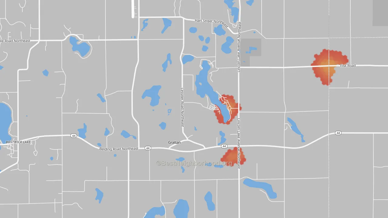Walk Grade map of Grattan, MI, walkable areas in green and car-dependent areas in red
