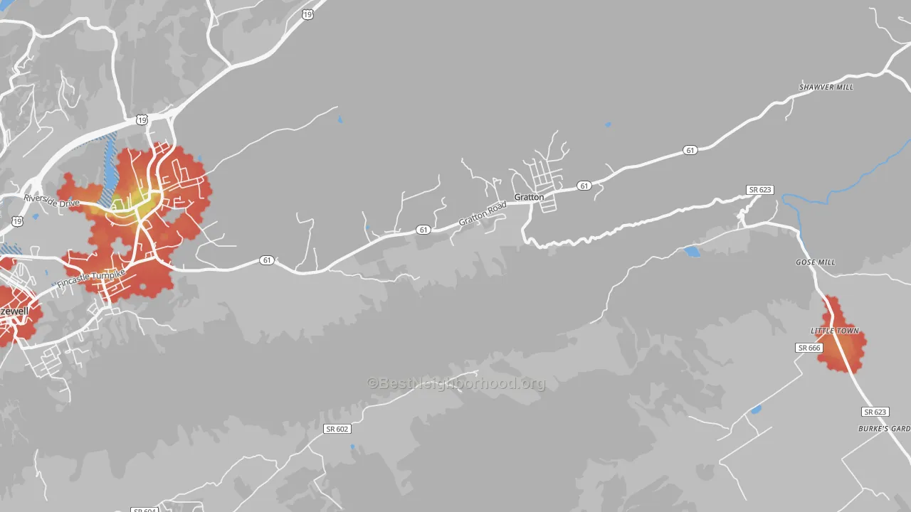 Walk Grade map of Gratton, VA, walkable areas in green and car-dependent areas in red