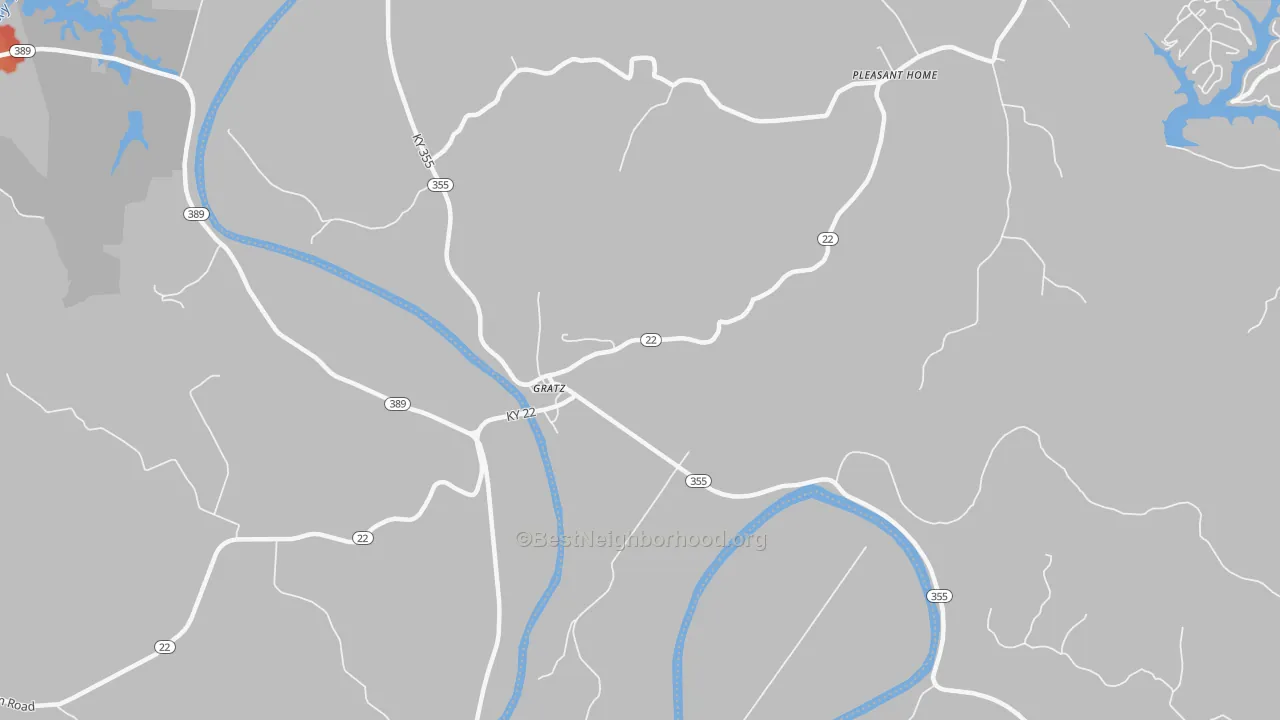 Walk Grade map of Gratz, KY, walkable areas in green and car-dependent areas in red