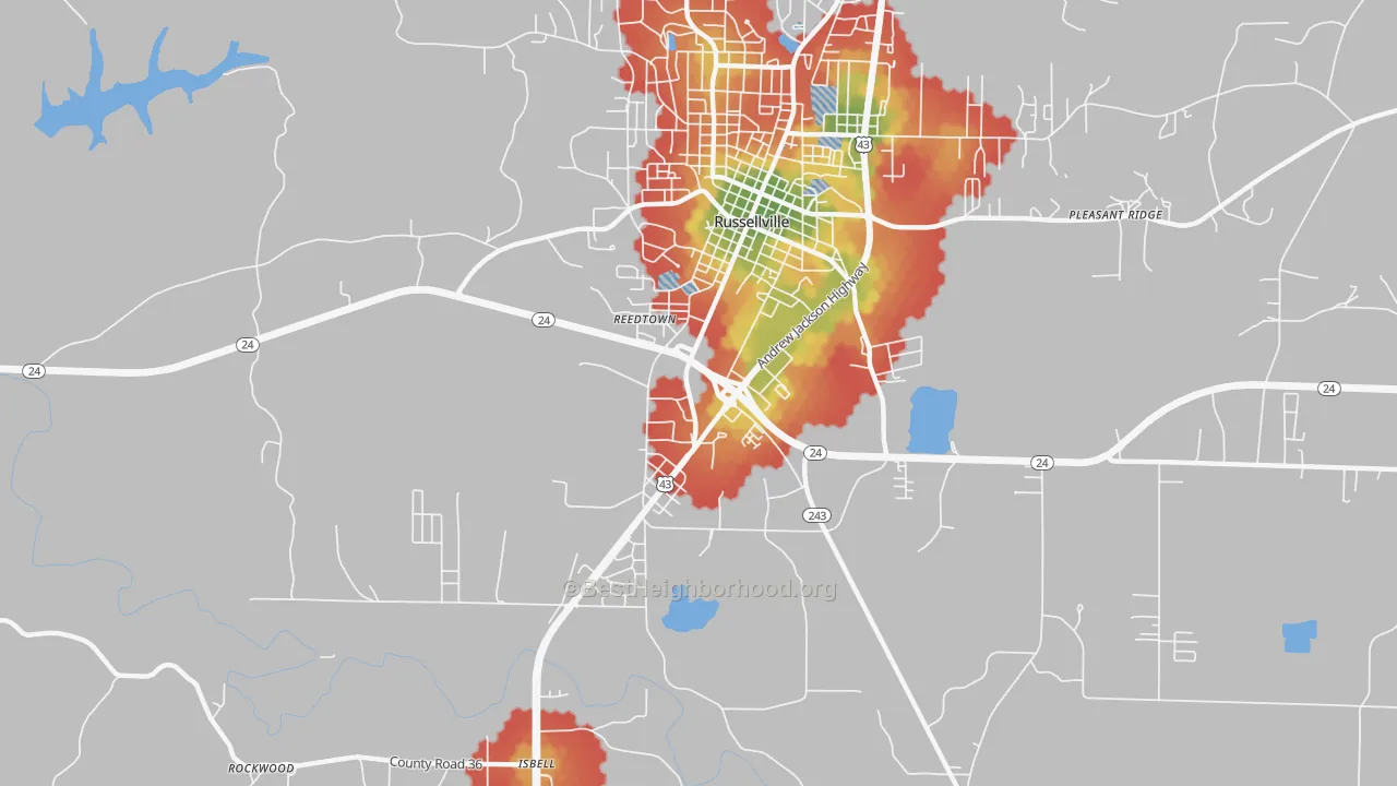 Walk Grade map of Gravel Hill, AL, walkable areas in green and car-dependent areas in red