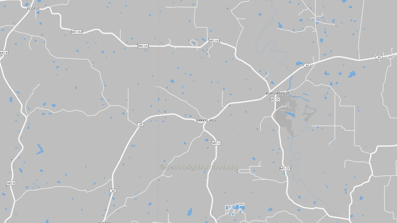 Walk Grade map of Gravel Hill, MO, walkable areas in green and car-dependent areas in red