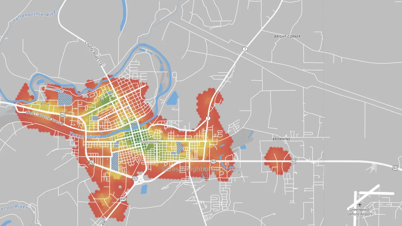 Walk Grade map of Gravel Hill, MS, walkable areas in green and car-dependent areas in red