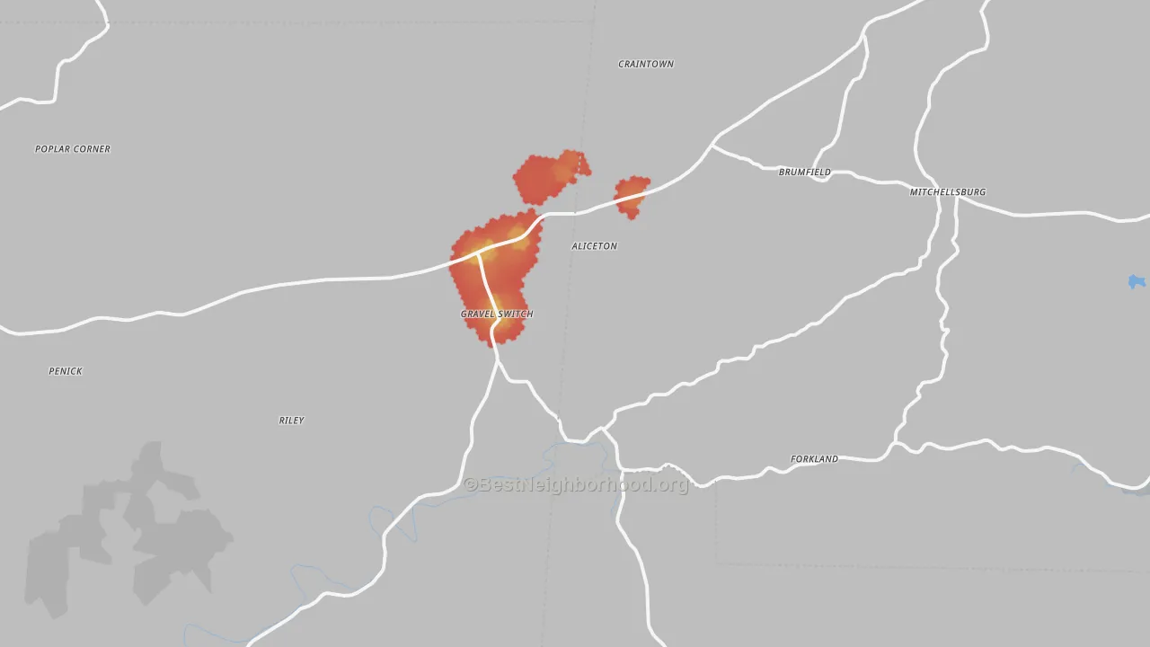 Walk Grade map of Gravel Switch, KY, walkable areas in green and car-dependent areas in red