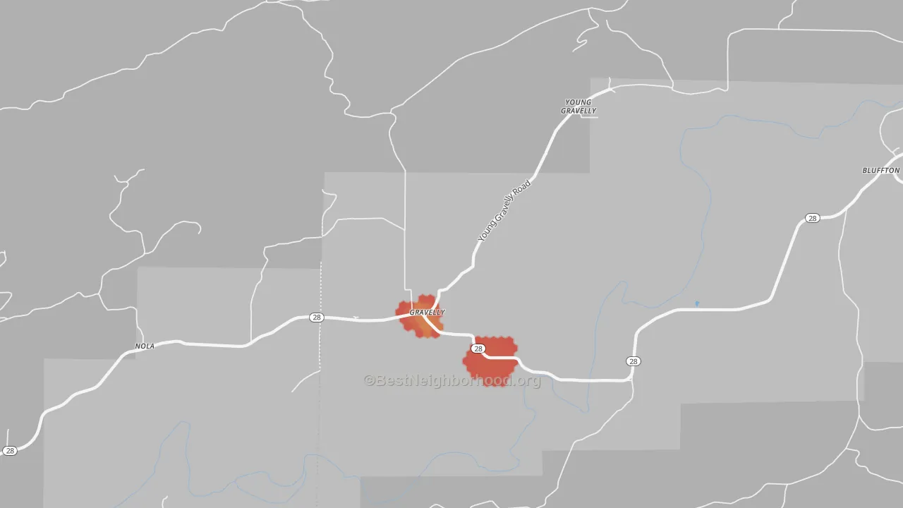 Walk Grade map of Gravelly, AR, walkable areas in green and car-dependent areas in red