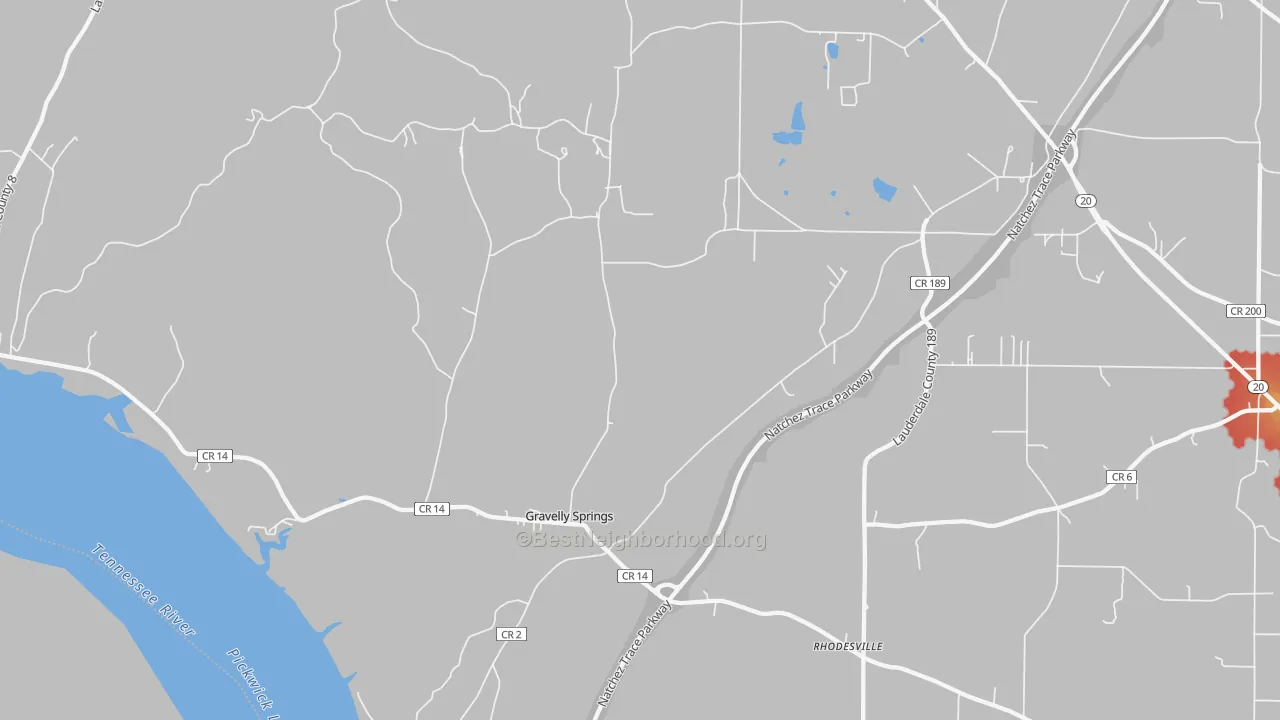 Walk Grade map of Gravelly Springs, AL, walkable areas in green and car-dependent areas in red